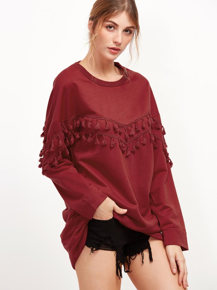 Shein Burgundy Fringe Detail Long Sweatshirt