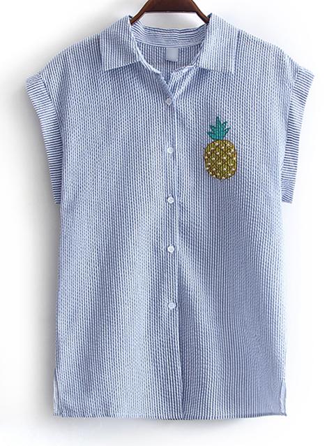 Shein Blue Lapel Printed Stripe Buttons Front Blouse