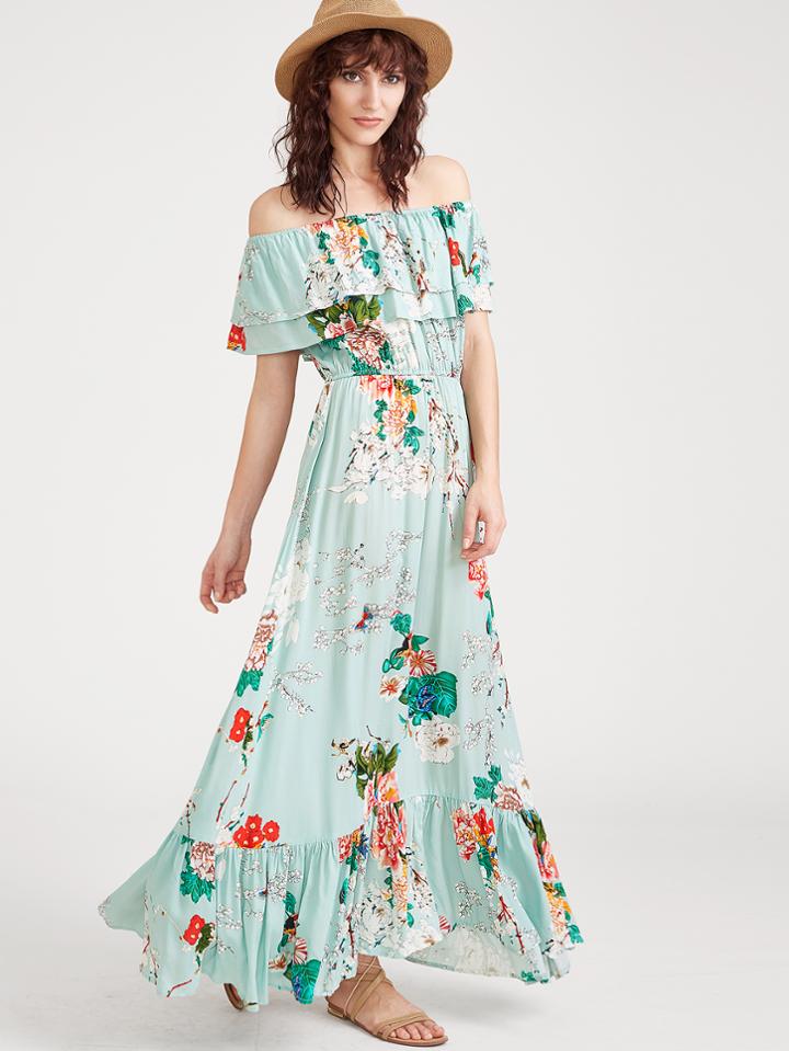 Shein Flower Print Elastic Waist Ruffle Bardot Dress