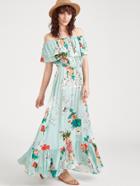 Shein Flower Print Elastic Waist Ruffle Bardot Dress