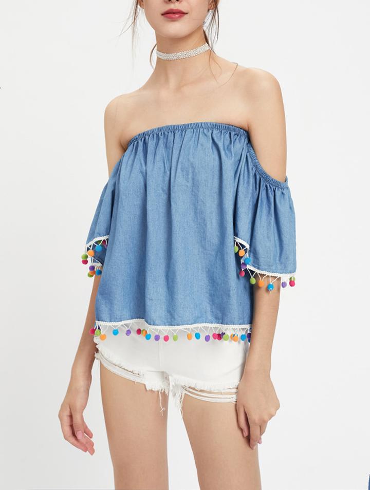 Shein Off Shoulder Pom Pom Trim Denim Top