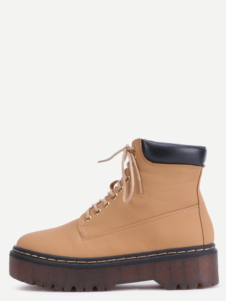 Shein Brown Faux Leather Round Toe Lace Up Flatform Boots