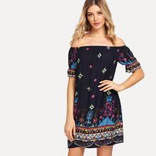 Shein Tribal Print Ruffle Cuff Bardot Tunic Dress