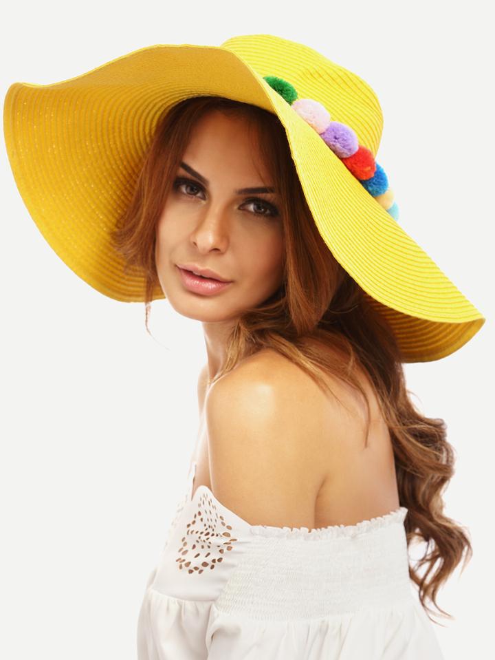 Shein Yellow Vacation Pom-pom Large Brimmed Straw Hat