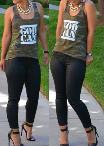 Rosewe Camouflage And Letter Print Tank Top