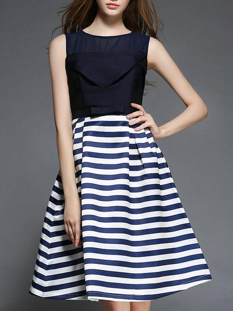 Shein Navy Round Neck Sleeveless Bow Striped Dress