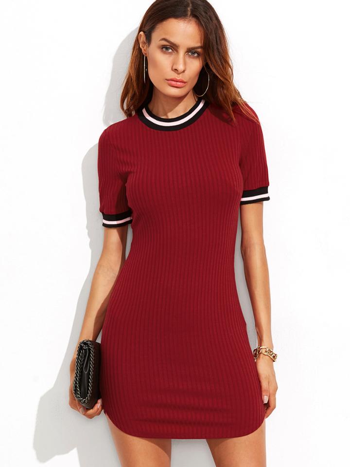 Shein Striped Trim Ribbed Knit Dolphin Hem Dress