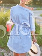 Shein Blue Shouldered Half Sleeve Off The Shoulder Striped Dress