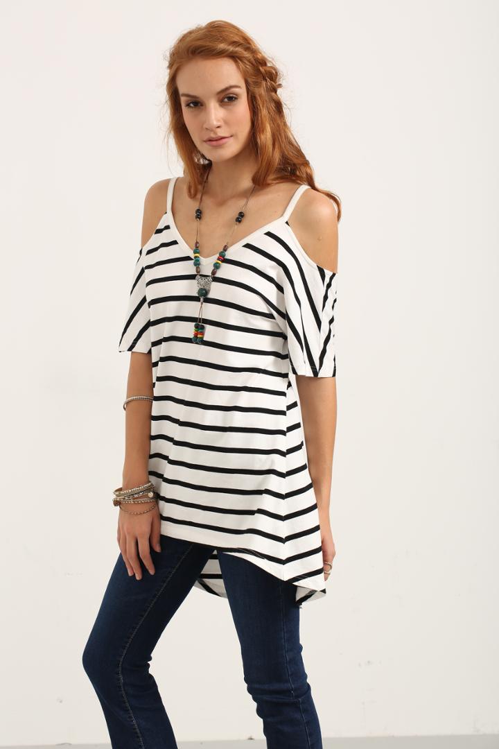 Shein Breton Stripe Spaghetti Strap Cold Shoulder Blouse