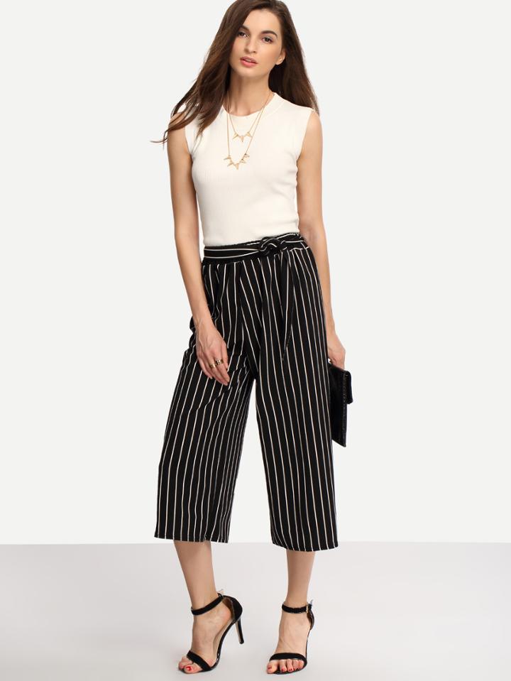 Shein Self-tie Vertical Striped Black Wide Leg Pants