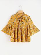 Shein Bow Neck Layered Bell Sleeve Botanical Top