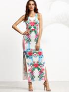 Shein White Floral Print Sleeveless Slit Maxi Dress