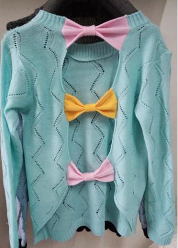 Rosewe Long Sleeve Round Hollow Back Light Blue Knitwear