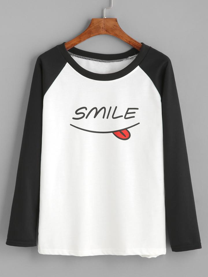 Shein White And Black Contrast Smile Print Long Sleeve T-shirt