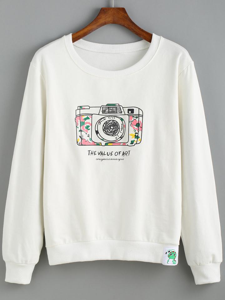 Shein White Round Neck Camera Print Sweatshirt