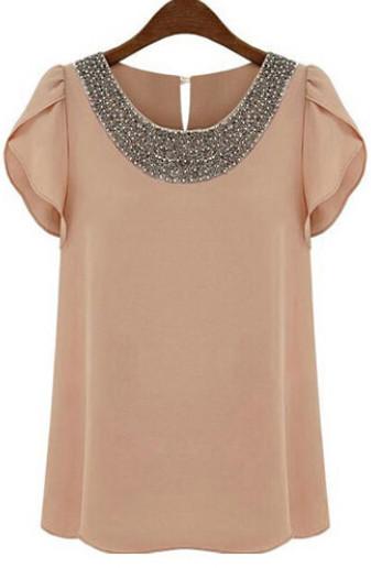 Shein Pink Round Neck With Bead Chiffon Blouse