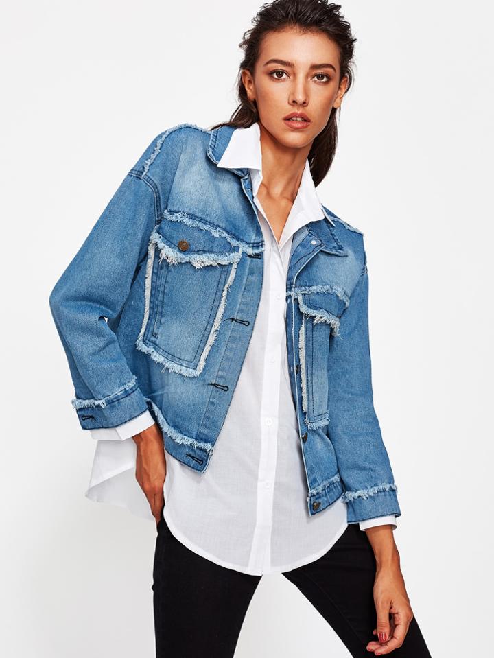 Shein Studded Frayed Hem Denim Jacket
