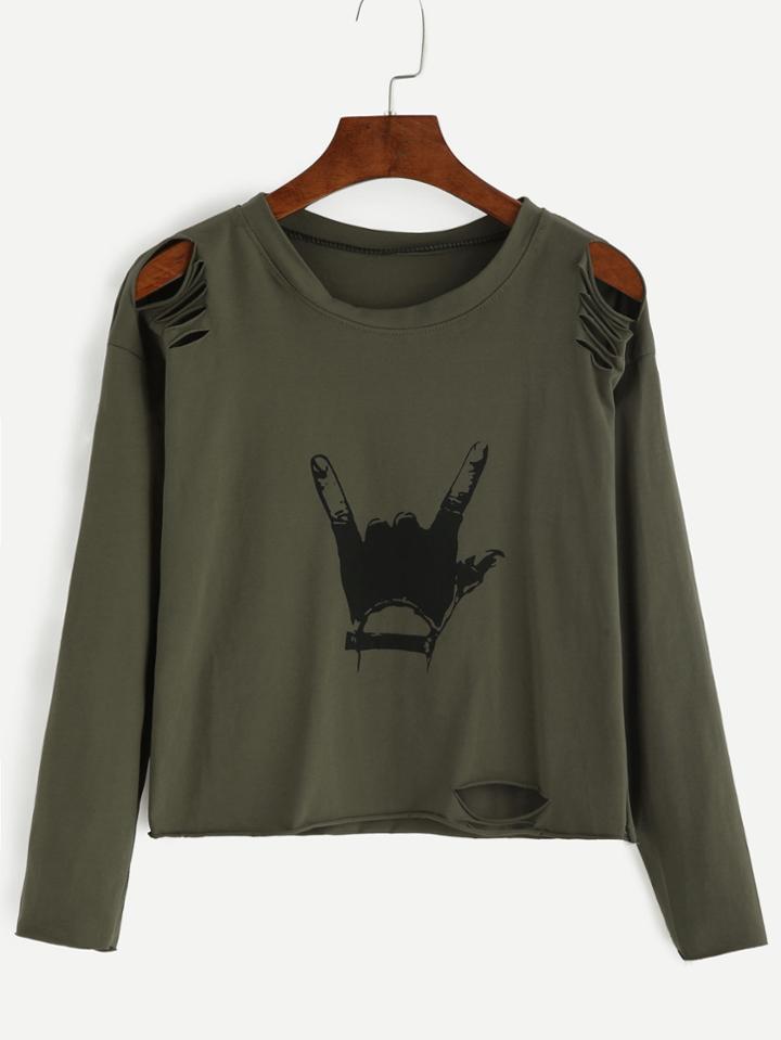 Shein Army Green Gesture Print Distressed T-shirt