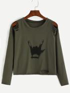 Shein Army Green Gesture Print Distressed T-shirt