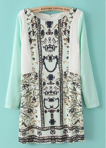 Rosewe Charming Print Design Long Sleeve Round Neck Mini Dress