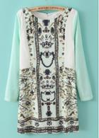 Rosewe Charming Print Design Long Sleeve Round Neck Mini Dress