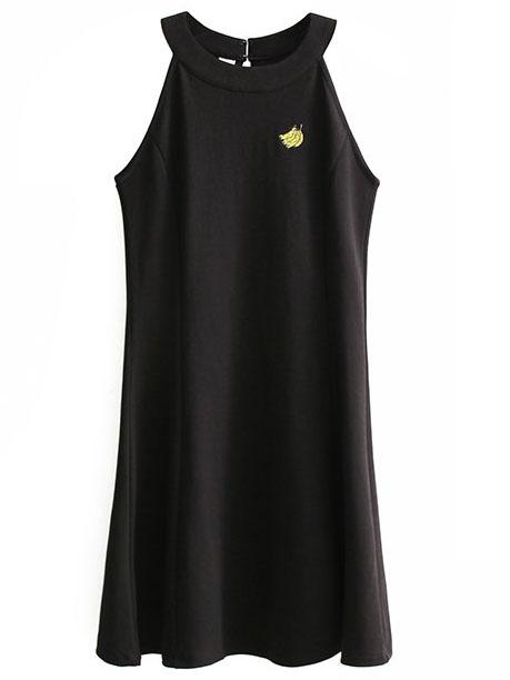 Shein Black Embroidered Halter Sleeveless Dress