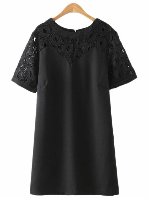 Shein Black Round Hollow Lace Splicing Dress