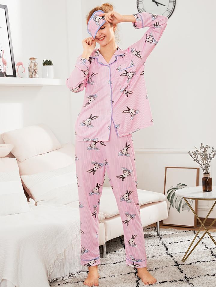 Shein Contrast Binding Rabbit Print Pj Set With Eye Mask