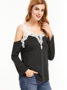 Shein Black Cold Shoulder Contrast Lace Trim T-shirt