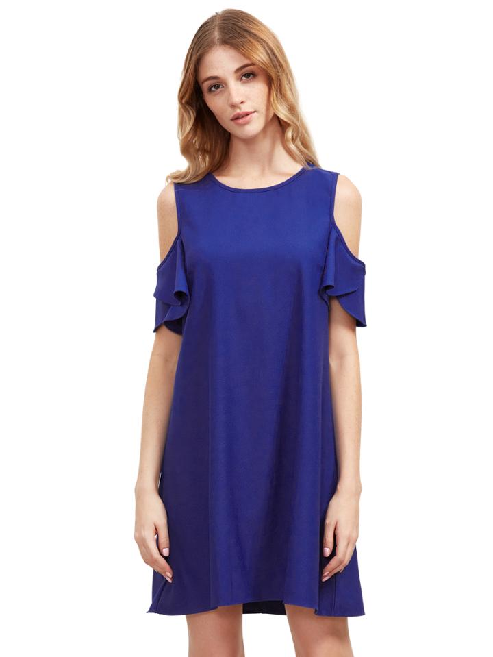 Shein Royal Blue Cold Shoulder Ruffle Sleeves Shift Dress