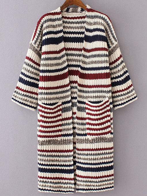 Shein Red Mixed Stripe Collarless Drop Shoulder Long Sweater Coat