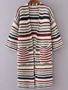 Shein Red Mixed Stripe Collarless Drop Shoulder Long Sweater Coat