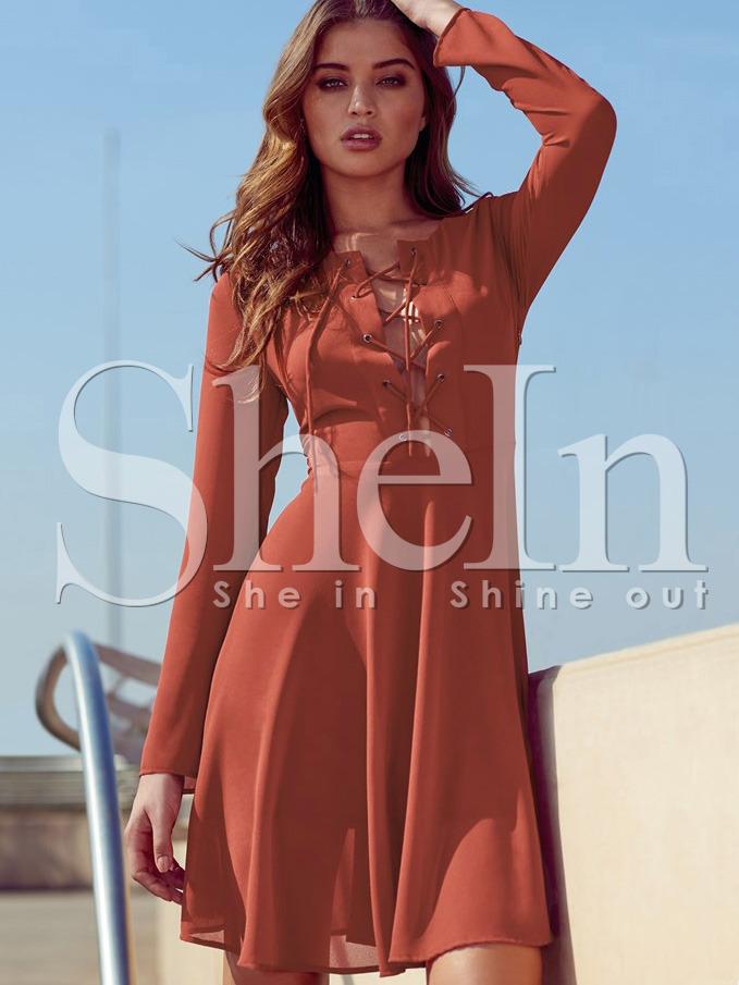 Shein Orange Long Sleeve Lace Up Dress