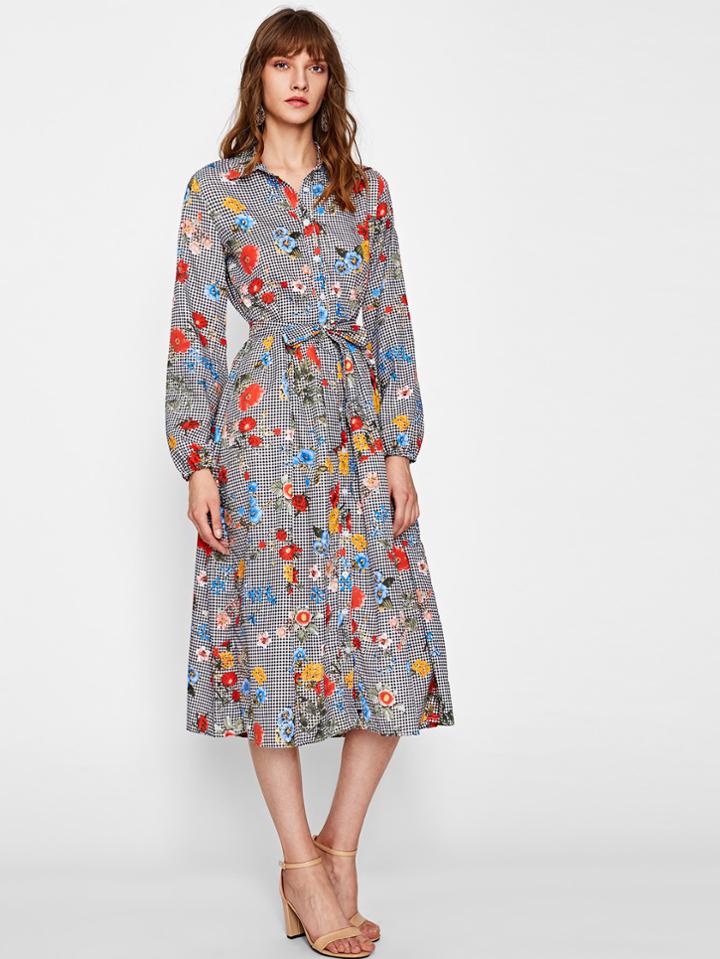 Shein Self Tie Mixed Print Fit & Flare Shirt Dress