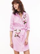 Shein Pinstripe Self Belted Dolphin Hem Embroidered Shirt Dress