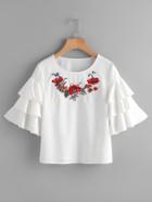 Shein Embroidered Neck Layered Bell Sleeve Top