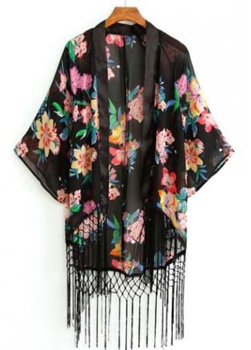 Rosewe Pretty Half Sleeve Tassel Decoration Print Chiffon Cardigans