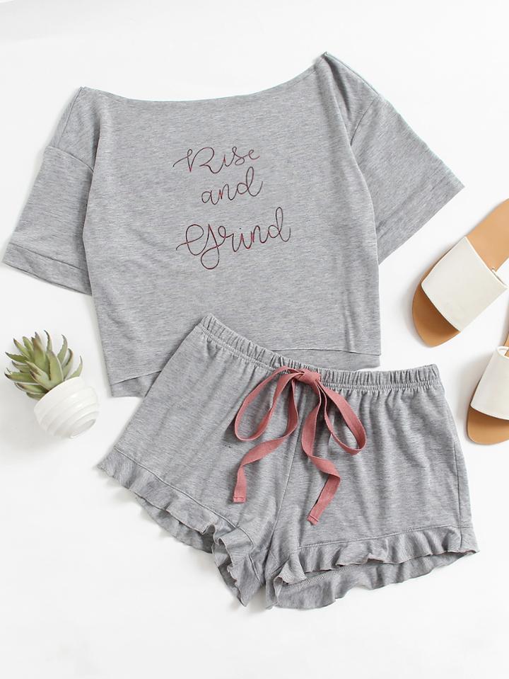 Shein High Low Top And Frill Hem Shorts Pajama Set