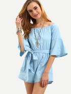 Shein Blue Bell Sleeve Tie Waist Jumpsuit