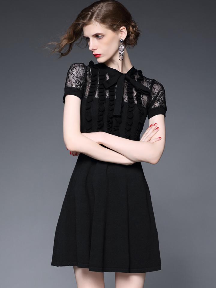 Shein Black Short Sleeve Bow Tie Contrast Gauze Knit Dress