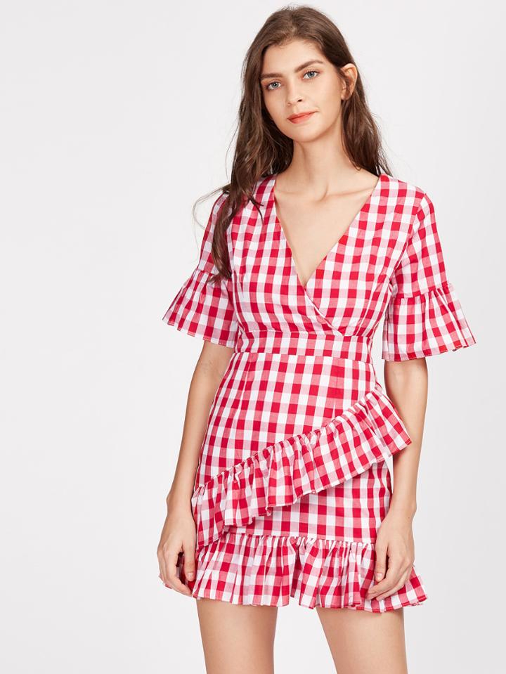 Shein Frill Trim Surplice Wrap Gingham Dress