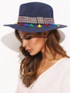 Shein Navy Straw Fedora Hat With Embroidered Tape Detail