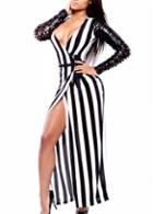 Rosewe Sexy Stripe Design V Neck Long Sleeve Dress With Slit