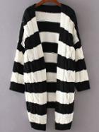 Shein Black Striped Drop Shoulder Cable Knit Sweater Coat