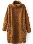Shein Khaki Turtleneck Pocket Side Slit Cable Knit Sweater Dress
