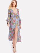Shein Flounce Sleeve Self Tie Floral Kimono Dress