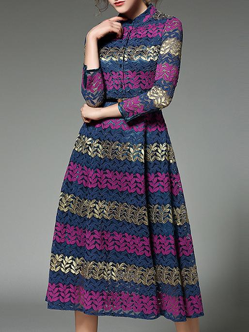 Shein Color Block Belted A-line Lace Dress