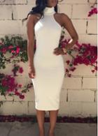 Rosewe High Neck Sleeveless White Knee Length Dress