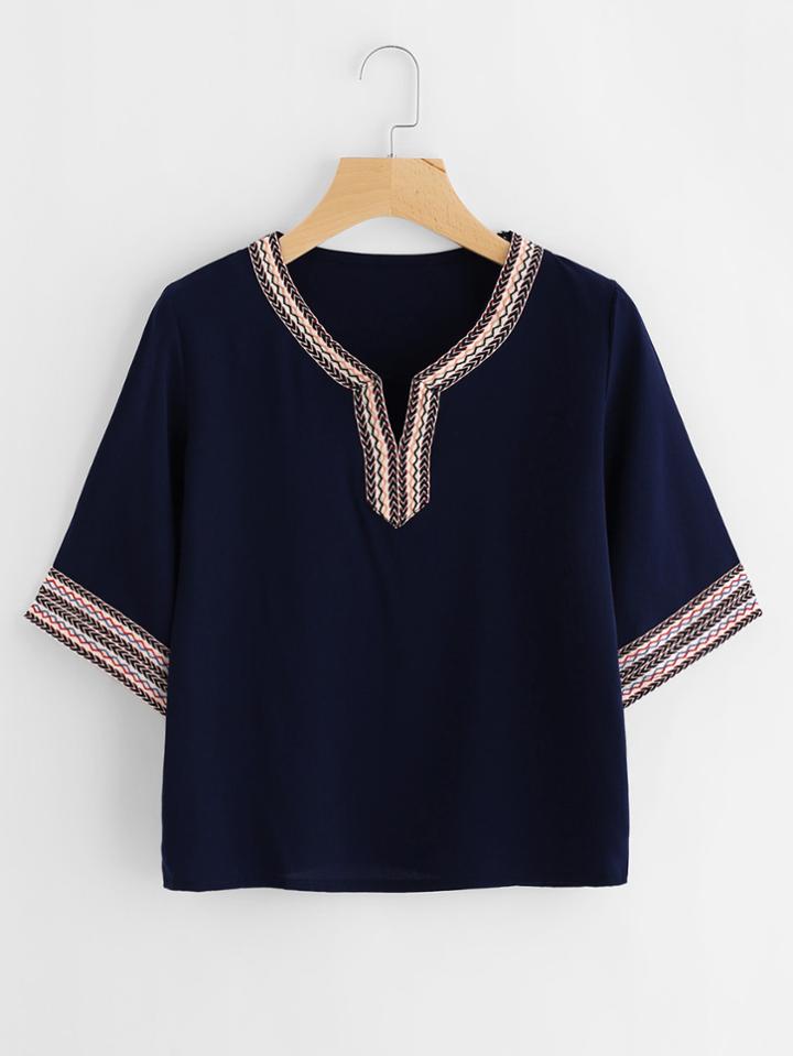 Shein Aztec Embroidered Tape Detail V Cut Blouse