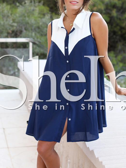 Shein Navy Color Block Sleeveless Shirt Dress